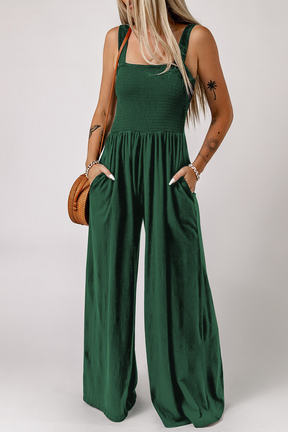 Emerald Green Smocked Sleeveless Wide Leg Jumpsuit